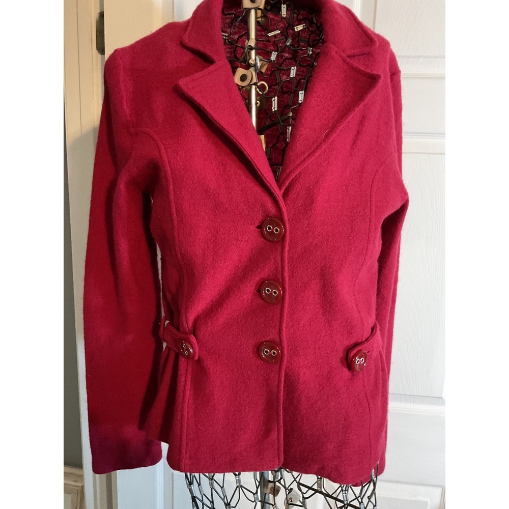 Chic Wool Blend Blazer Jacket Raspberry Red Button Front Belted‎ Pockets Womens